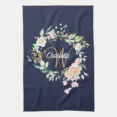 Rozen Floral Gold Script Monogram Navy Blue Theedoek (Verticaal)