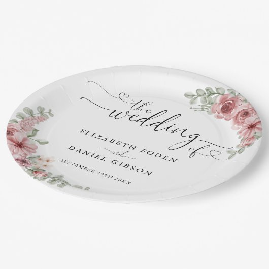 Rozen Floral Hart Script Bruiloft Papieren Bordje (Gekanteld)