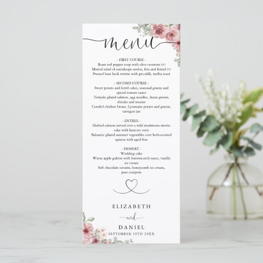 Rozen Floral Hart Script Trouwdiner Menu (Staand voorkant)