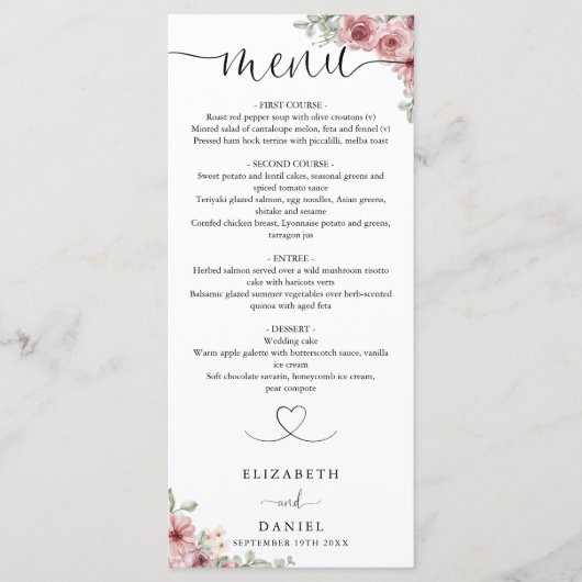Rozen Floral Hart Script Trouwdiner Menu (Voorkant)