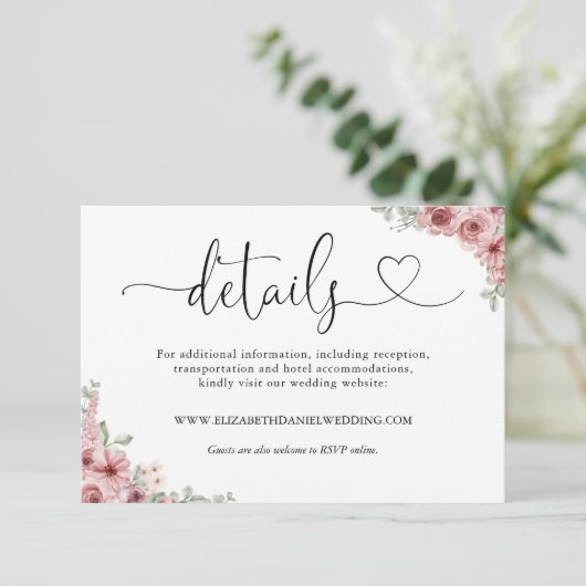 Rozen Floral Heart Script bruiloft details Informatiekaartje (Staand voorkant)