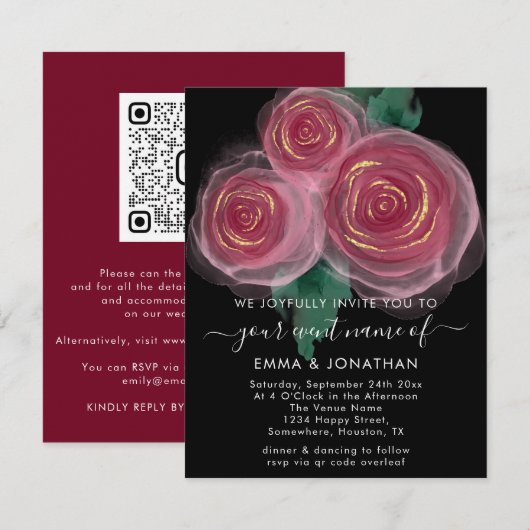 Rozen Floral QR Code Gold Burgundy Black (Voorkant / Achterkant)