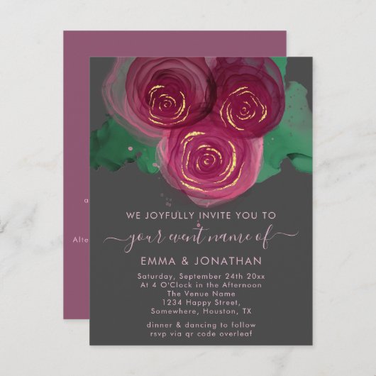 Rozen Floral QR Code Graphite Burgundy Marsala (Voorkant / Achterkant)