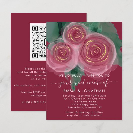 Rozen Floral QR Code Roze Burgundy Green Gold (Voorkant / Achterkant)