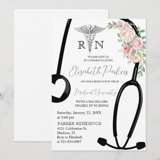 Rozen Floral RN Verpleegschool Afstudeerfeest Kaart (Voorkant / Achterkant)