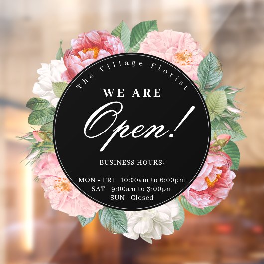 Rozen Floral Round Business openinguren zwart Raamsticker (Vel 2)