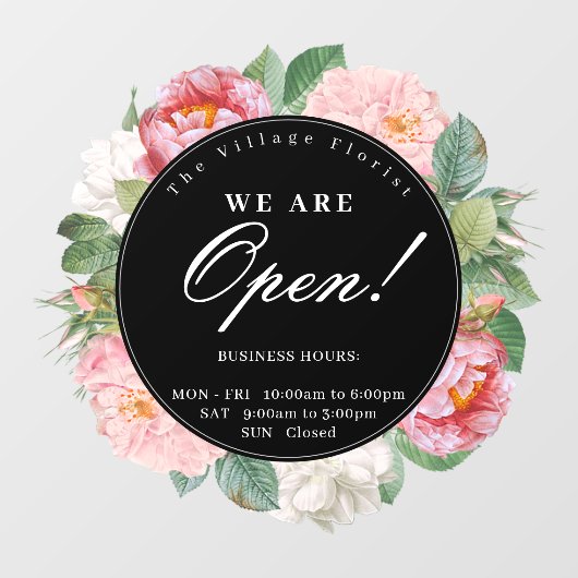 Rozen Floral Round Business openinguren zwart Raamsticker (Vel)