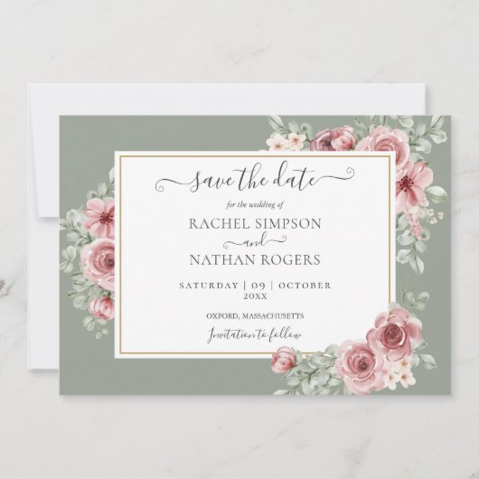 Rozen Floral Sage Green Foto bruiloft Save The Date (Voorkant)