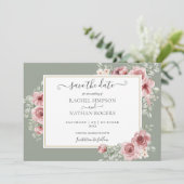 Rozen Floral Sage Green Foto bruiloft Save The Date (Staand voorkant)