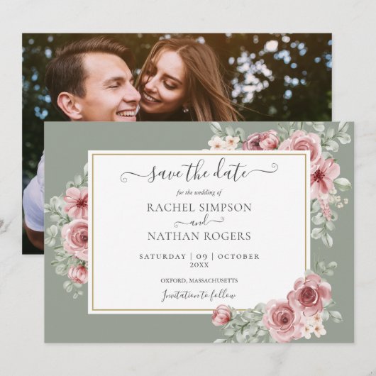 Rozen Floral Sage Green Foto bruiloft Save The Date (Voorkant / Achterkant)