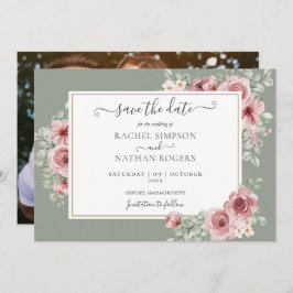 Rozen Floral Sage Green Foto bruiloft Save The Date