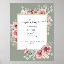 Rozen Floral Sage Green Wedding Welkomstbord Poster