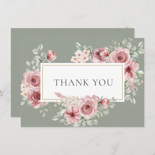 Rozen Floral Sage Groen Goud Geometrisch Bedankkaart (Voorkant / Achterkant)