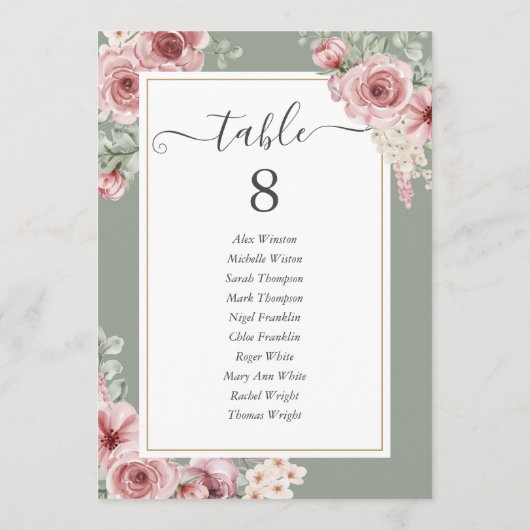Rozen Floral Sage Groene Tafel Nummer Aankondiging (Achterkant)