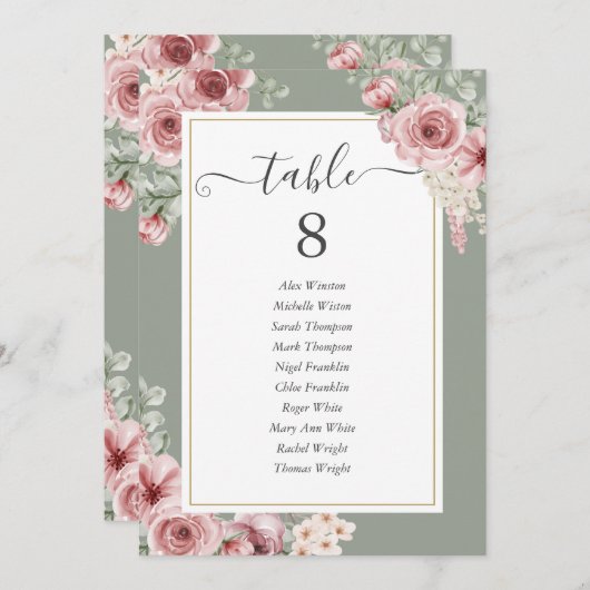 Rozen Floral Sage Groene Tafel Nummer Aankondiging (Voorkant / Achterkant)