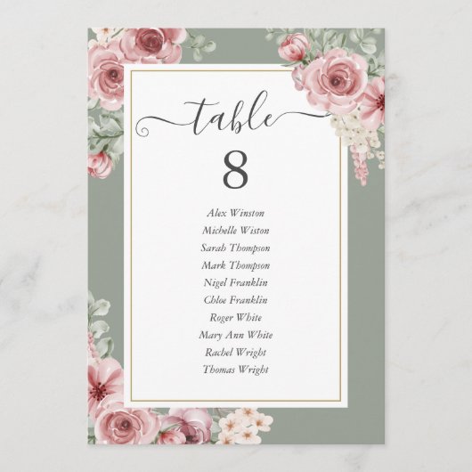 Rozen Floral Sage Groene Tafel Nummer Aankondiging (Voorkant)