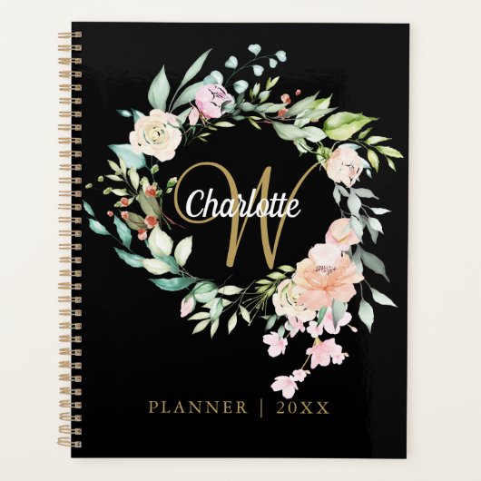 Rozen Floral Script Monogram Black Gold 2023 Planner (Voorkant)