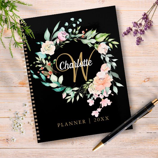 Rozen Floral Script Monogram Black Gold 2023 Planner