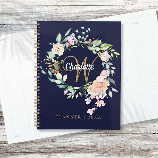 Rozen Floral Script Monogram Navy Blue Gold Planner