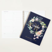 Rozen Floral Script Monogram Navy Blue Gold Planner (Display)