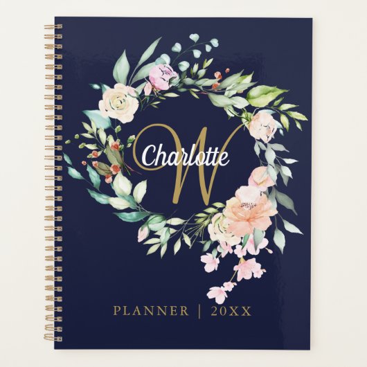 Rozen Floral Script Monogram Navy Blue Gold Planner (Voorkant)