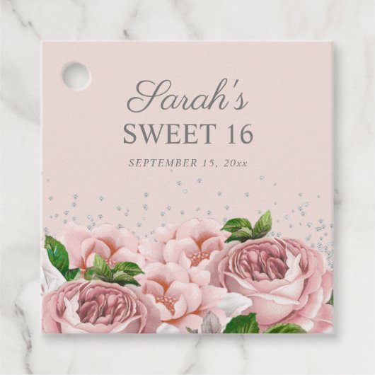 Rozen Floral Silver Glitter Sweet 16 Bedankjes Labels (Voorkant)