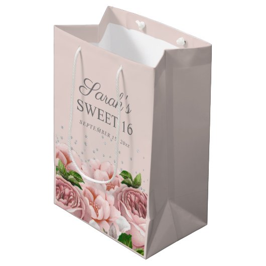 Rozen Floral Silver Glitter Sweet 16 Medium Cadeauzakje (Voorkant Gekanteld)