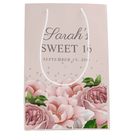 Rozen Floral Silver Glitter Sweet 16 Medium Cadeauzakje (Voorkant)
