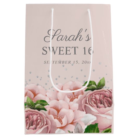 Rozen Floral Silver Glitter Sweet 16 Medium Cadeauzakje (Achterkant)