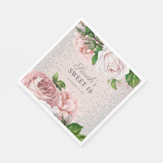 Rozen Floral Silver Glitter Sweet 16 Servet (Hoek)
