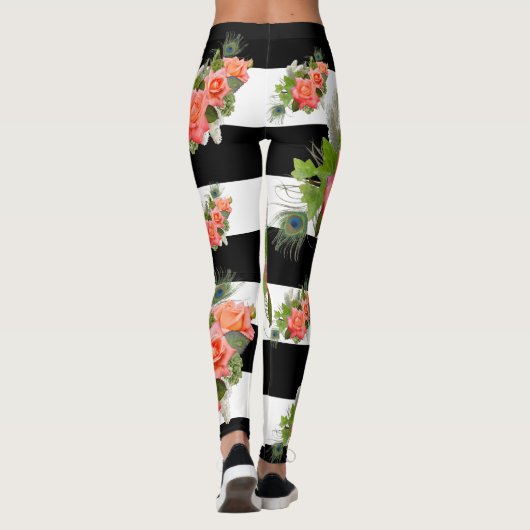 Rozen Floral Striped Pattern Peacock Feathers Leggings (Achterkant)