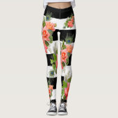 Rozen Floral Striped Pattern Peacock Feathers Leggings (Voorkant)