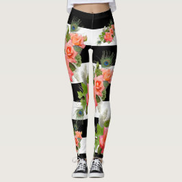 Rozen Floral Striped Pattern Peacock Feathers Leggings