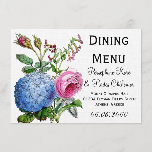 Rozen Floral Weddenschappen Dining Menu Hydrangea (Voorkant)