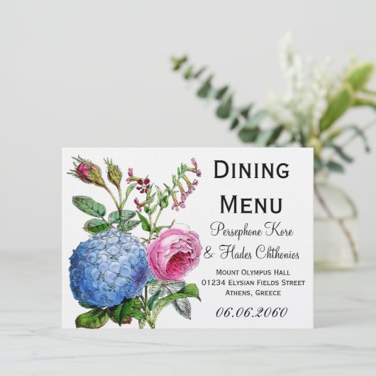 Rozen Floral Weddenschappen Dining Menu Hydrangea (Staand voorkant)