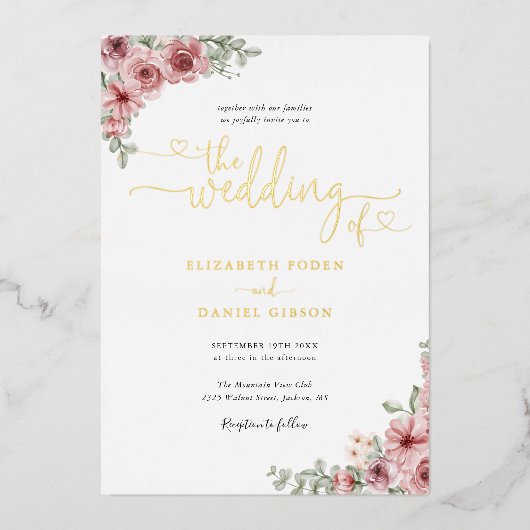 Rozen Floral Wedding Hearts Script Gold Folie Uitnodiging (Voorkant)