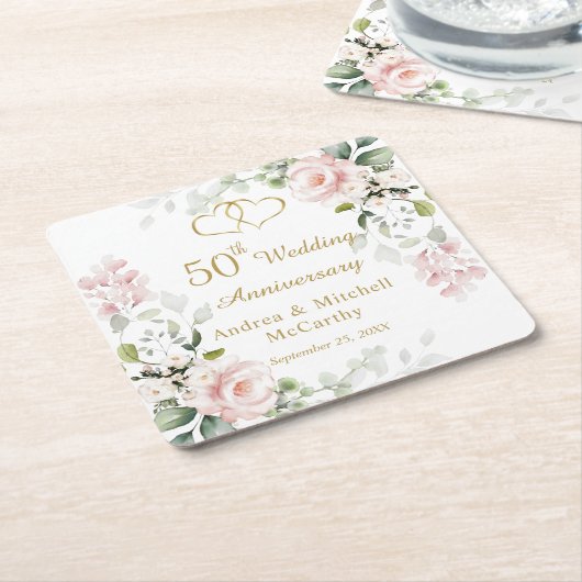 Rozen Foliage Hearts 50th Wedding Jubileum Kartonnen Onderzetters (Schuin)