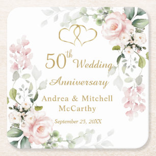 Rozen Foliage Hearts 50th Wedding Jubileum Kartonnen Onderzetters