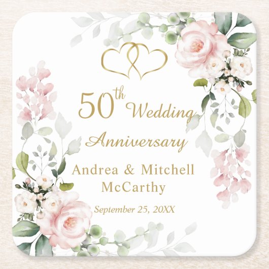 Rozen Foliage Hearts 50th Wedding Jubileum Kartonnen Onderzetters (Voorkant)