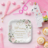 Rozen Foliage Hearts 50th Wedding Jubileum Papieren Bordje (Feest)