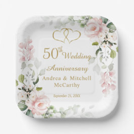 Rozen Foliage Hearts 50th Wedding Jubileum Papieren Bordje