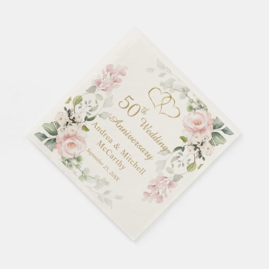 Rozen Foliage Hearts 50th Wedding Jubileum Servet (Hoek)