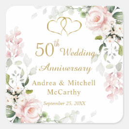 Rozen Foliage Hearts 50th Wedding Jubileum Vierkante Sticker