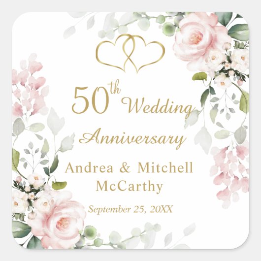 Rozen Foliage Hearts 50th Wedding Jubileum Vierkante Sticker (Voorkant)