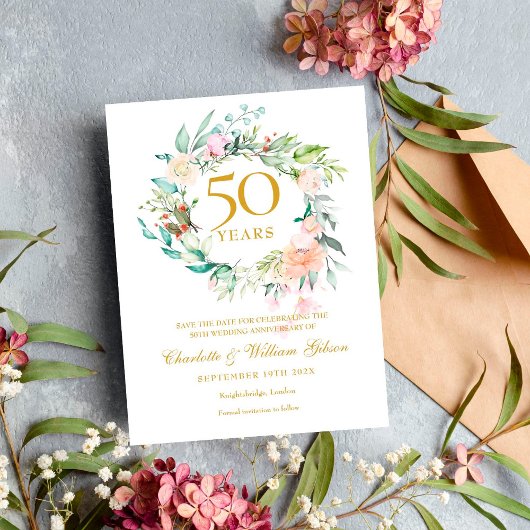 Rozen Garland 50e Jubileum Save the Date Aankondigingskaart