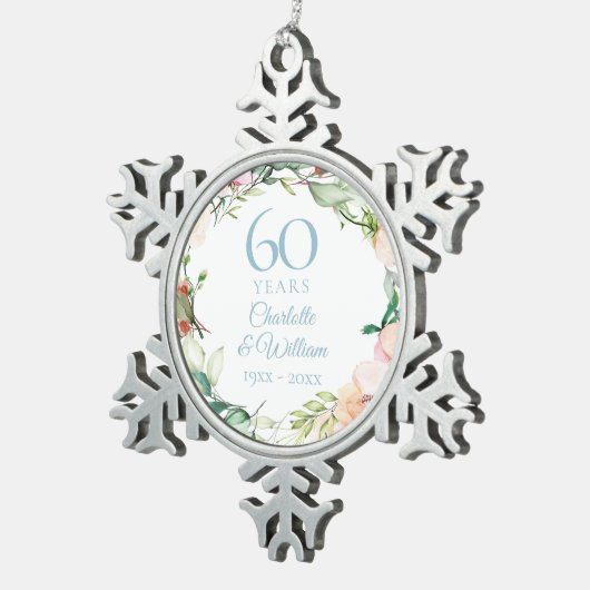 Rozen Garland 60th Diamond Wedding Jubileum Tin Sneeuwvlok Ornament (Rechts)