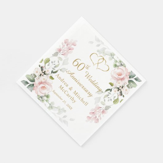 Rozen gebladerte harten 60e bruiloft Jubileum Servet (Hoek)