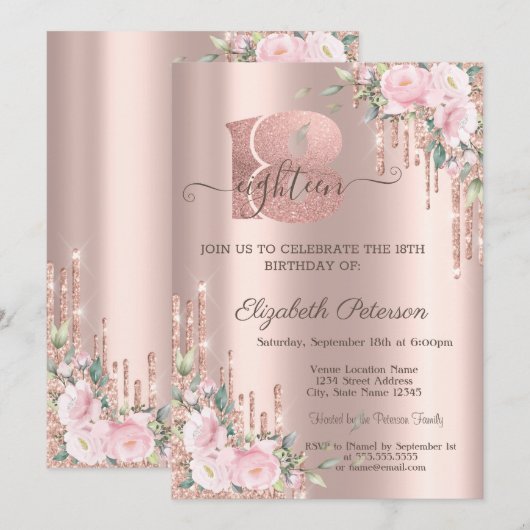 Rozen Glitter Drips Roos Gold 18e verjaardag Kaart (Voorkant / Achterkant)