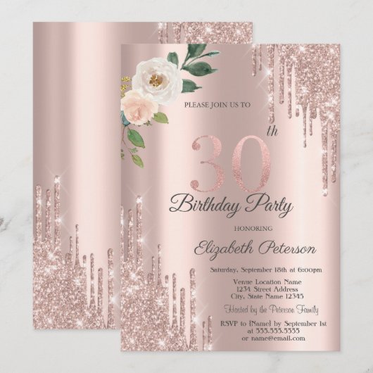 Rozen Glitter Drips Roos Gold 30e Verjaardag Kaart (Voorkant / Achterkant)