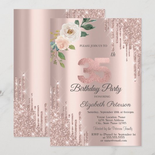 Rozen Glitter Drips Roos Gold 35e Verjaardag Kaart (Voorkant / Achterkant)